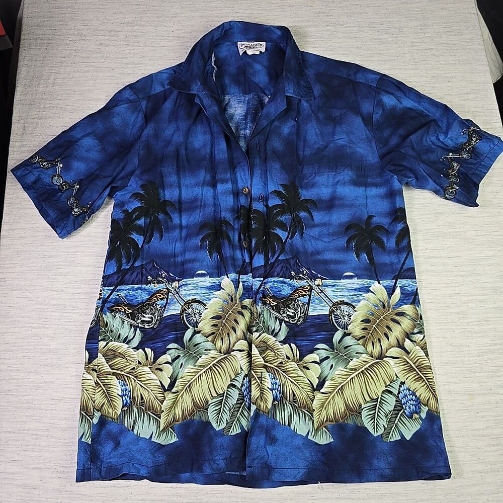 Pacific Legend Hawaiian Shirt Men’s Large Blue Palm Tree Motorcycle Made USA